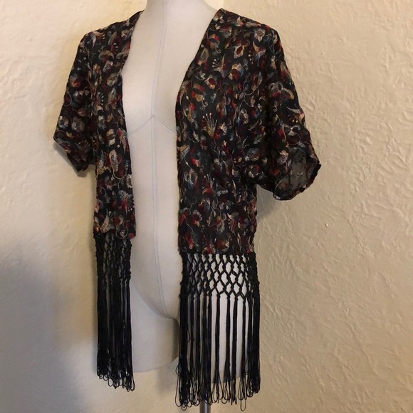 Forever 21 Embroidered Fringed Kimono Black Red Blue Wrap Swim Cover Up - Picture 3 of 10